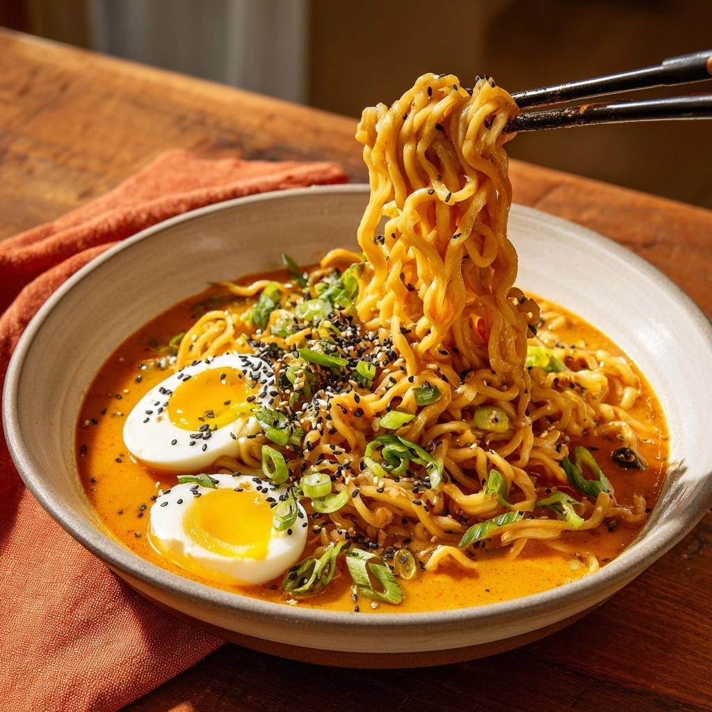 Spicy curry ramen with jammy eggs, garnished with green onions and sesame seeds, with noodles being lifted by chopsticks.