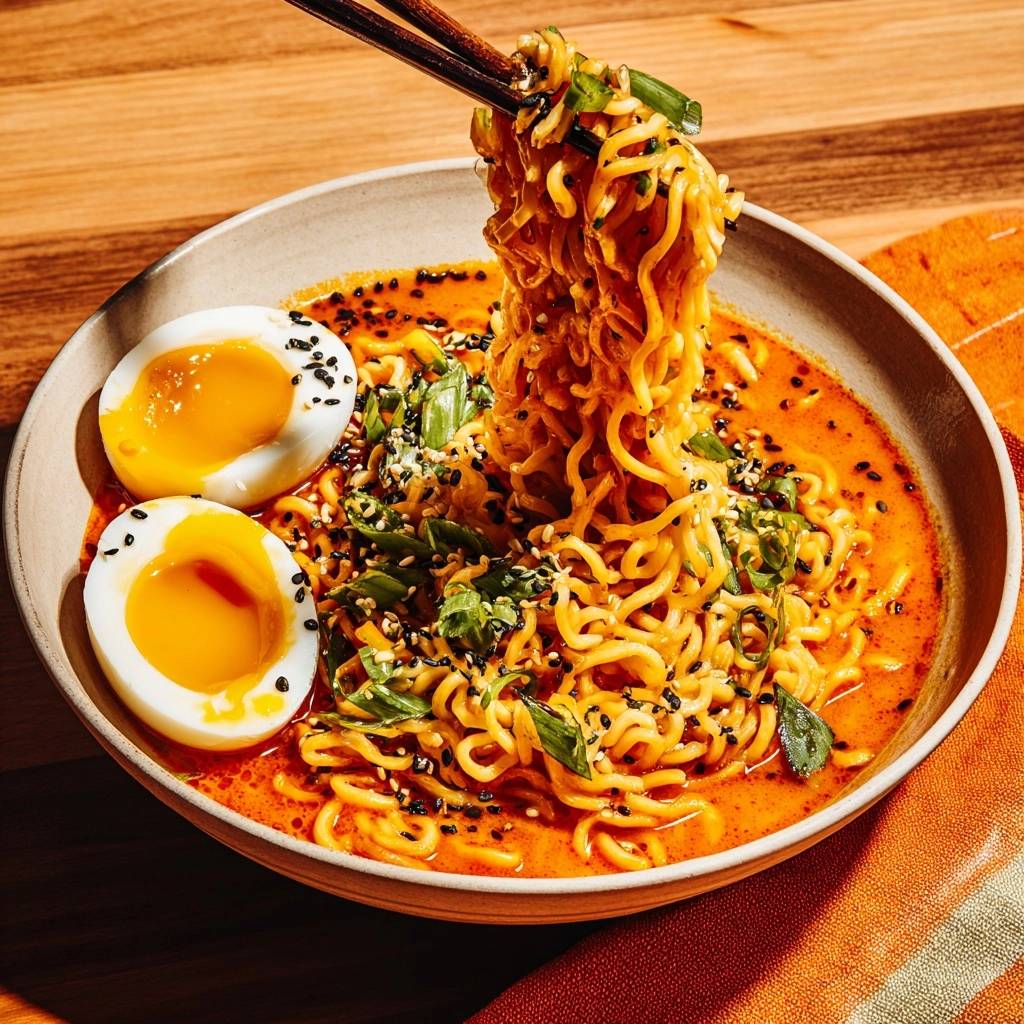 Spicy curry ramen with foolproof jammy eggs, with a close-up of chopsticks lifting a portion of noodles and broth.