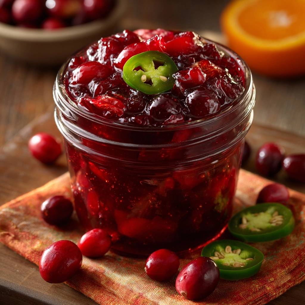 Spicy jalapeño cranberry sauce in a glass jar, garnished with a jalapeño slice and surrounded by cranberries.