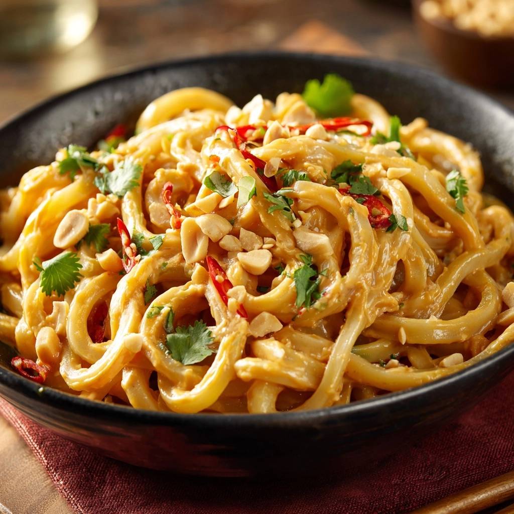 Spicy peanut noodles with silky sauce shown in a close-up view of a black bowl, garnished with peanuts and cilantro.