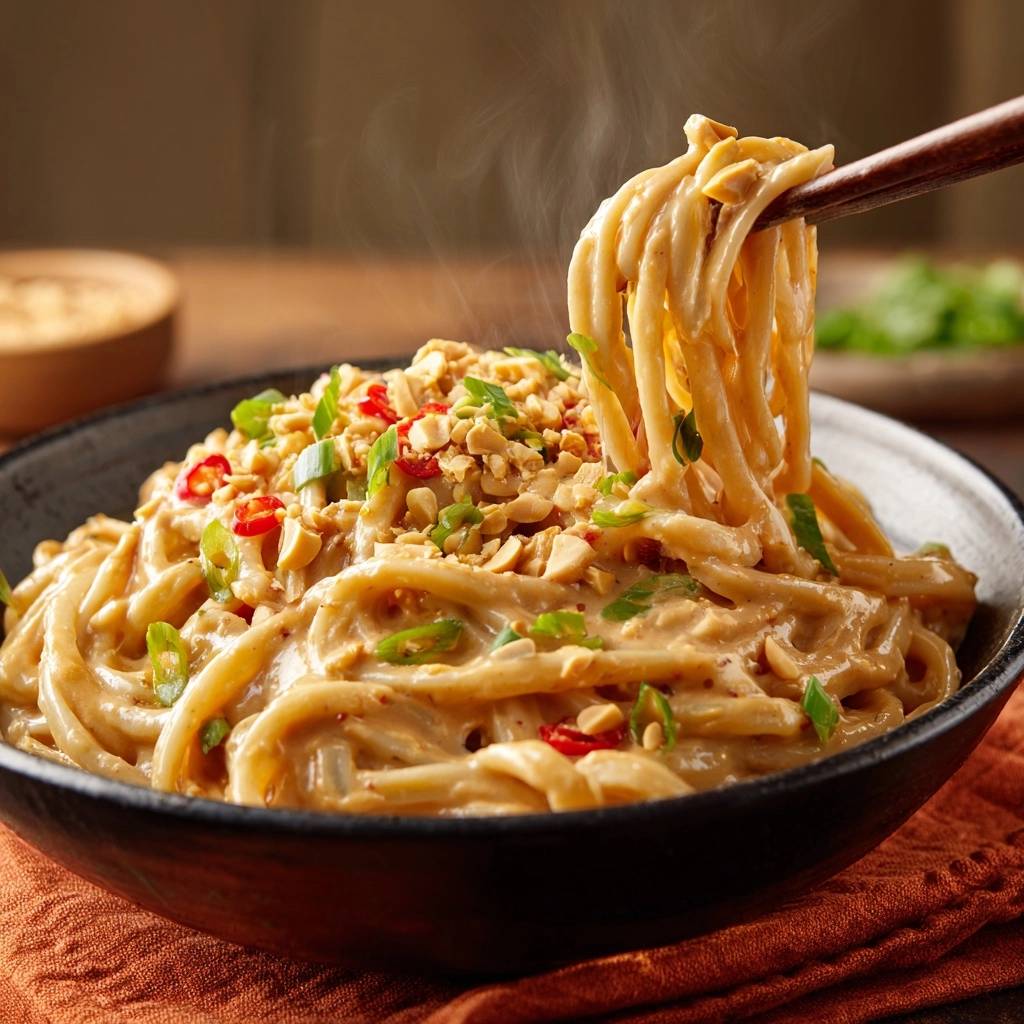 Spicy peanut noodles with silky sauce mastery, with noodles being lifted by chopsticks, showing steam.