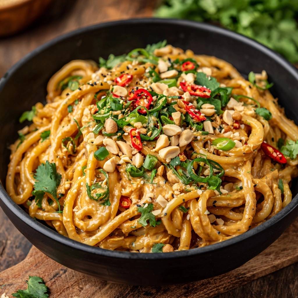 Spicy peanut noodles with silky sauce, generously garnished with chopped peanuts, chili, and cilantro.