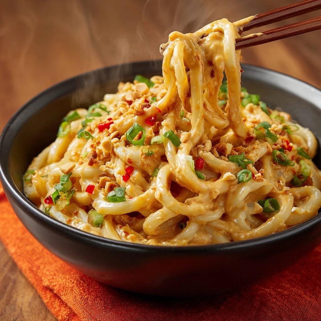 Spicy peanut noodles with silky sauce, a close-up view showing steam rising from the hot noodles and rich peanut sauce.