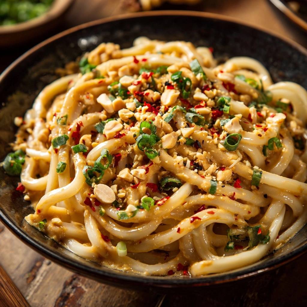 Spicy peanut udon noodles with a generous topping of chopped peanuts and chili flakes.