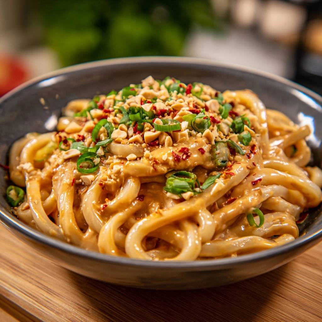 Spicy peanut udon noodles with a close-up view of the chopped peanuts and chili flake topping.