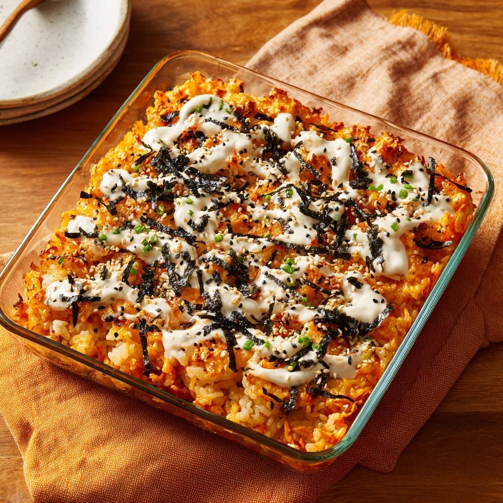 Spicy seafood sushi bake baked in a clear glass dish and topped with nori, sesame seeds, and a creamy drizzle.