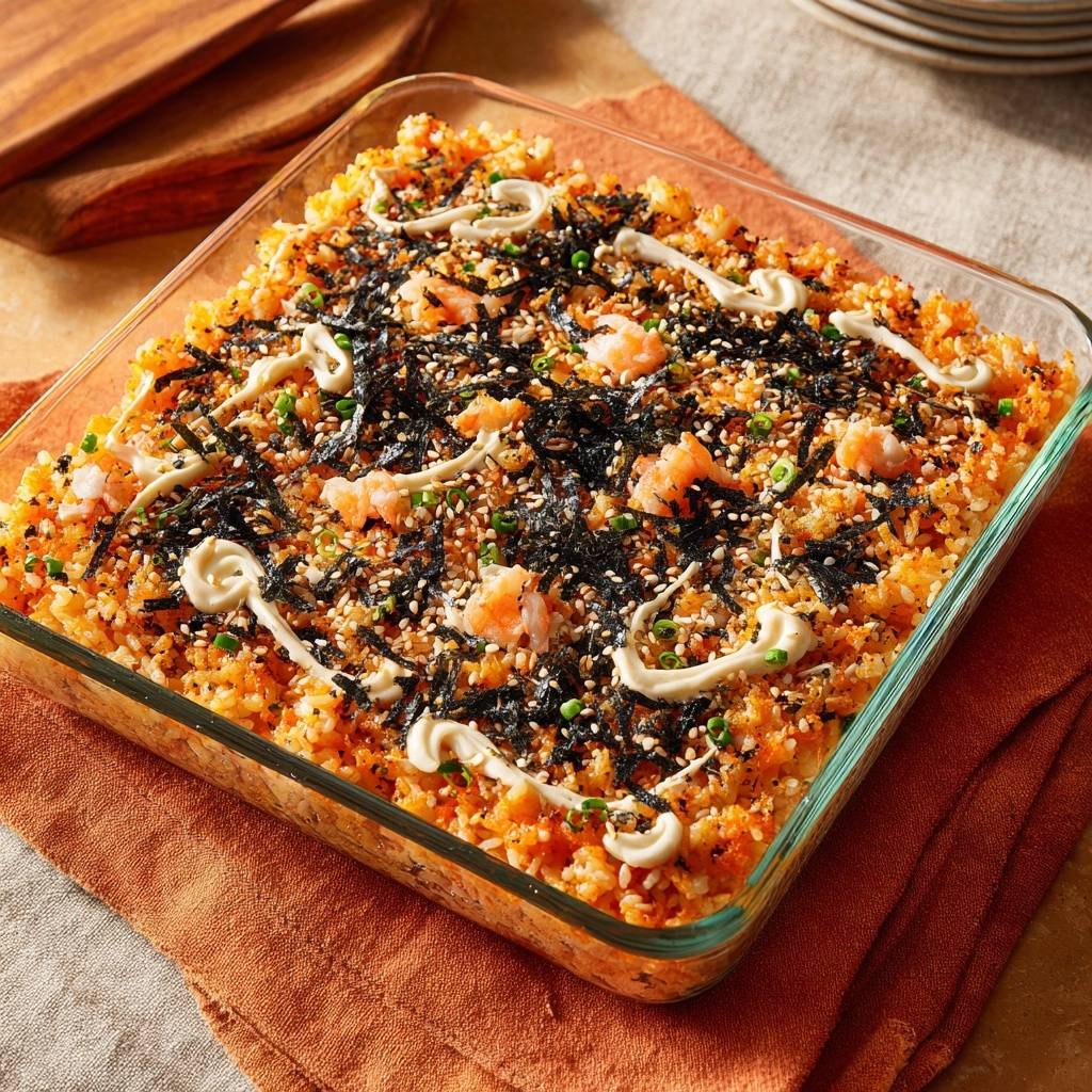 Spicy seafood sushi bake served in a glass dish, topped with nori, sesame seeds, and mayonnaise.