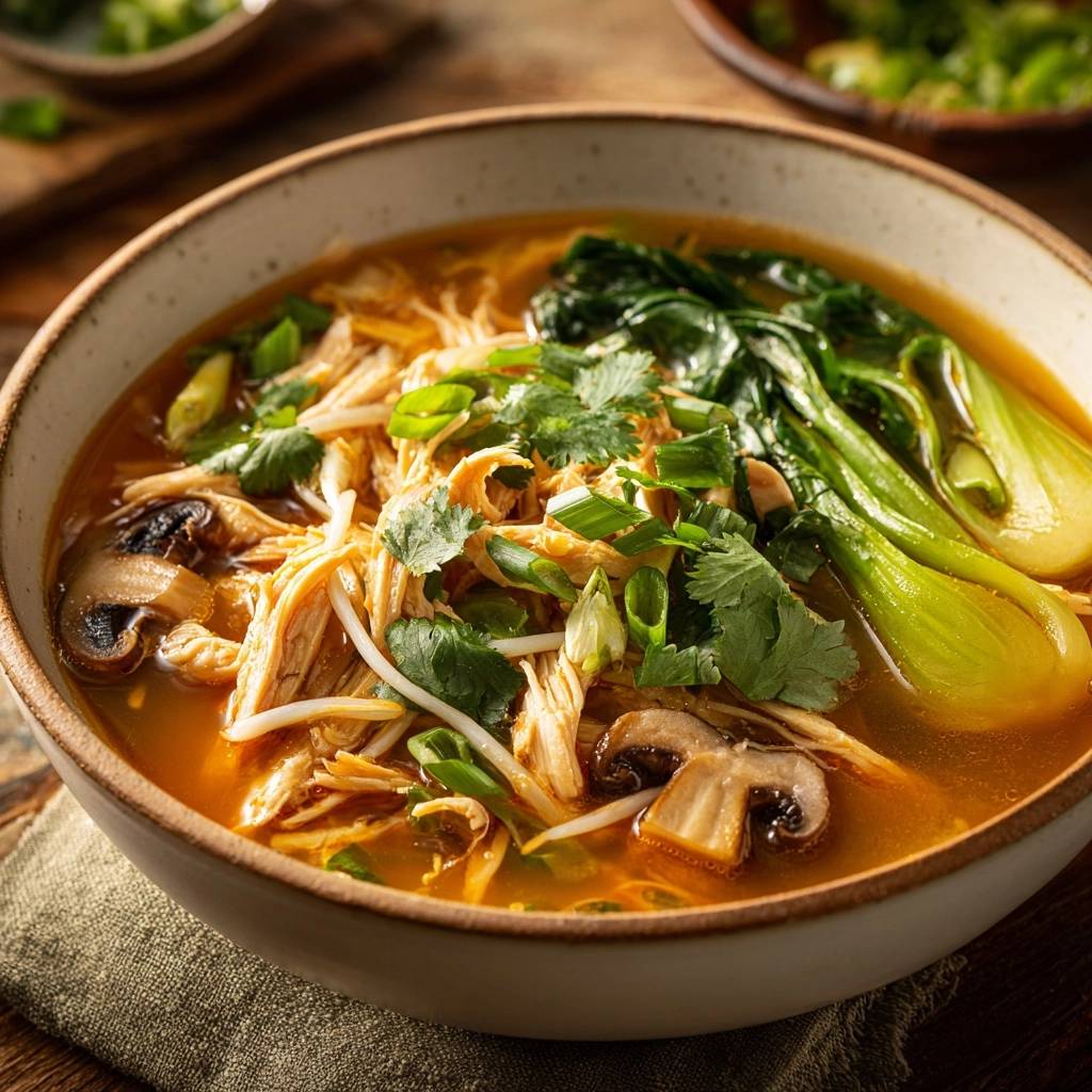 Spicy shredded chicken noodle soup in a bowl, featuring bok choy, mushrooms, and fresh cilantro garnish.