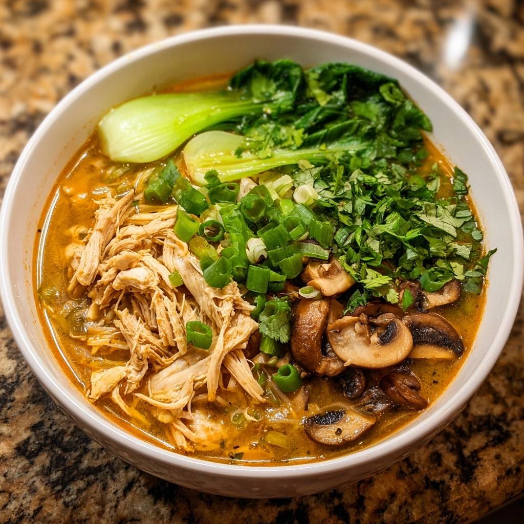 Spicy shredded chicken noodle soup topped with bok choy, green onions, and mushrooms in a white bowl.