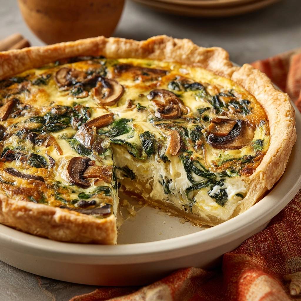 Spinach mushroom quiche with a golden crust showing a detailed interior slice.