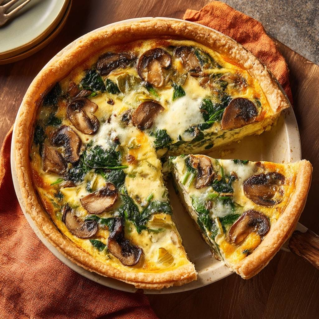 Spinach mushroom quiche with a slice removed, showcasing the flaky crust and savory filling.
