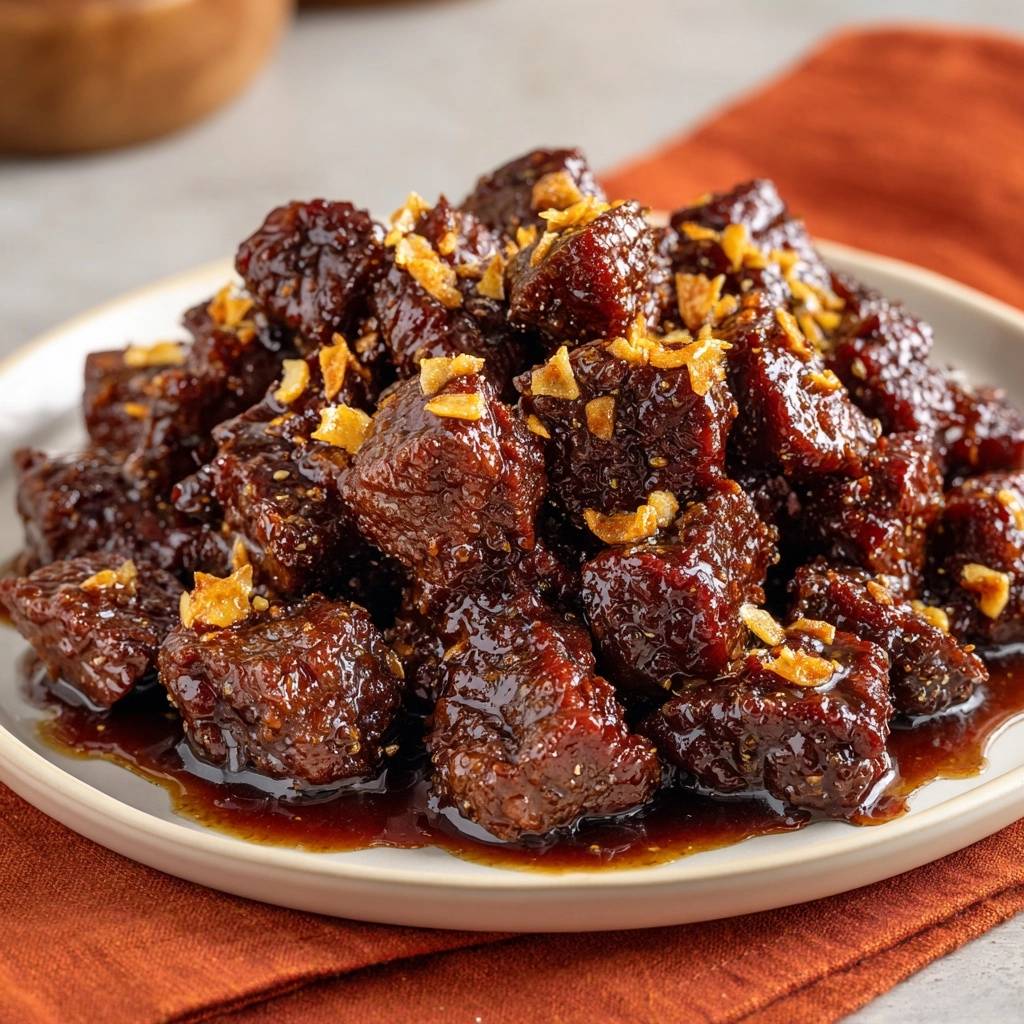 Sticky garlic beef bites, a close-up view showing the tender, glazed pieces topped with garlic.