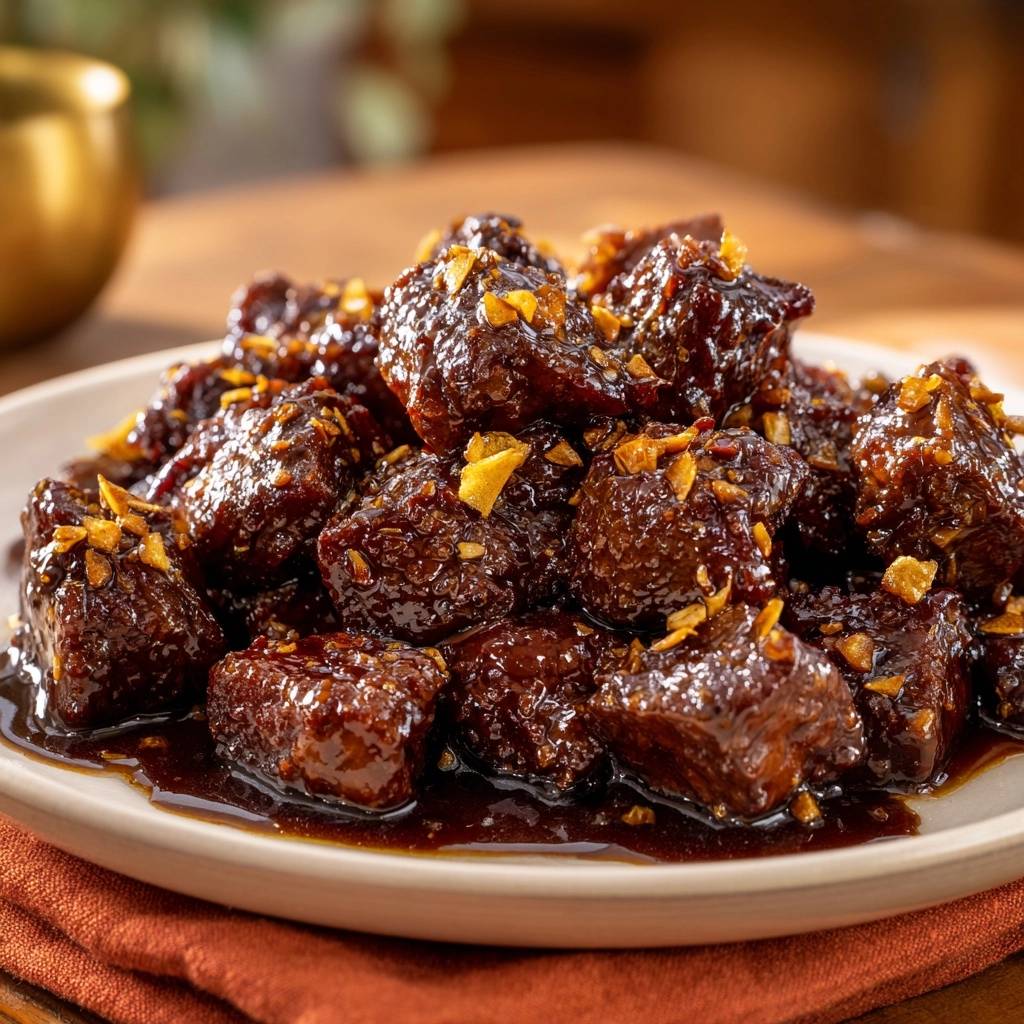 Sticky garlic beef bites glazed in a dark sauce, topped with crispy garlic bits.