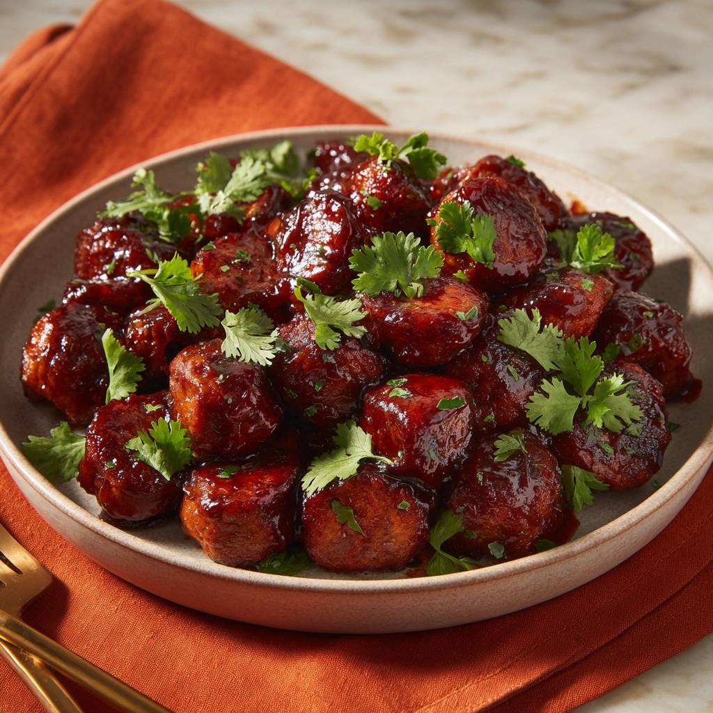Sticky glazed meatballs glistening with sauce and topped with fresh cilantro garnish, presented in a bowl.