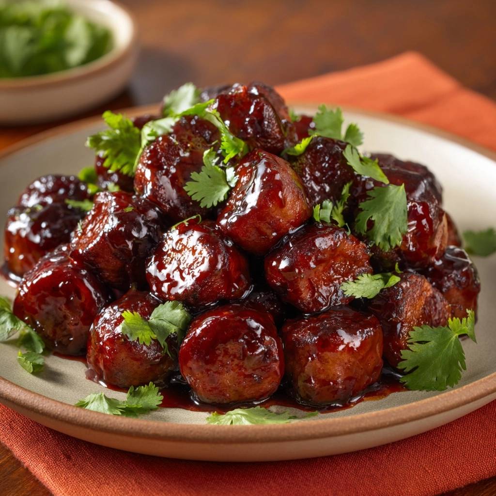 Sticky glazed meatballs served on a platter and garnished with fresh cilantro leaves.