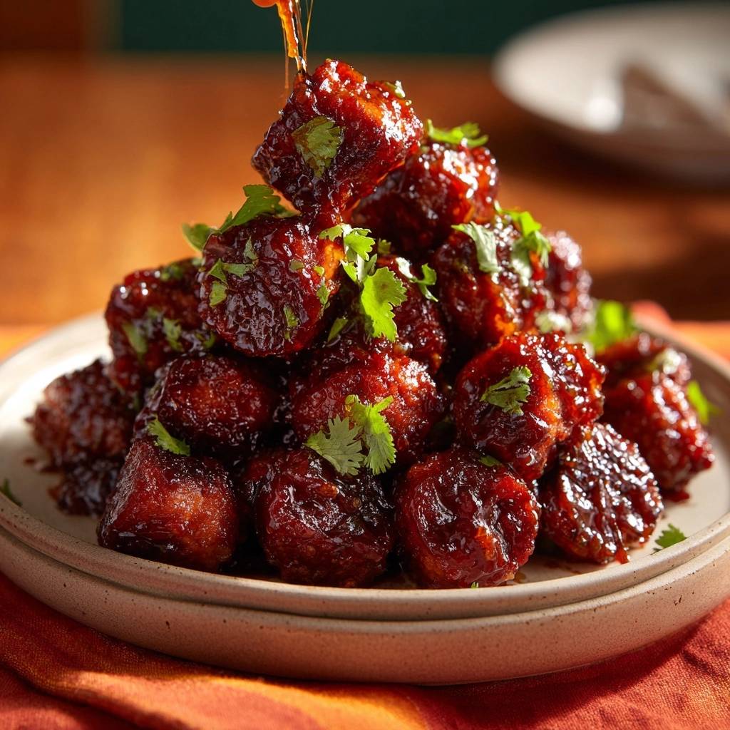 Sticky honey glazed tofu bites with a drizzle of glaze and fresh cilantro garnish.