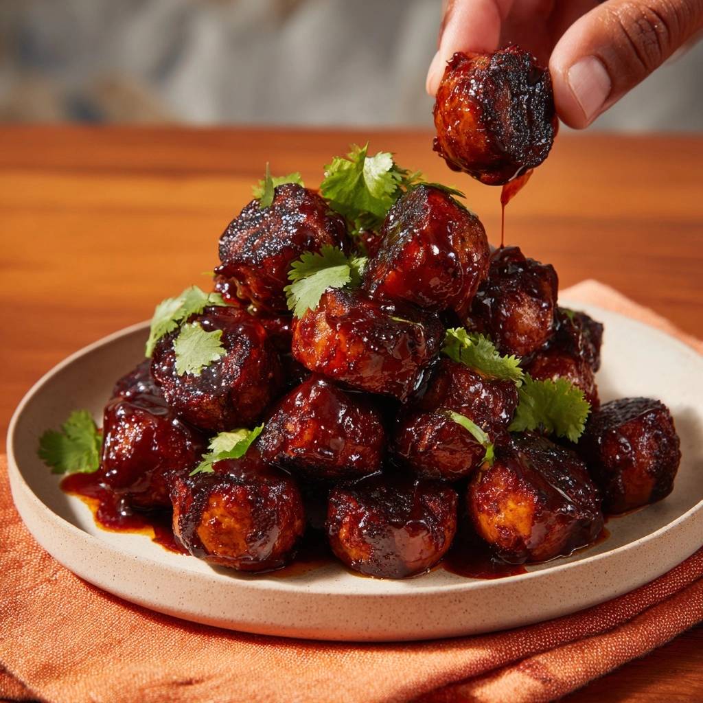 Sticky honey glazed tofu bites glistening with sauce, with one bite being lifted, showing a glaze drip.