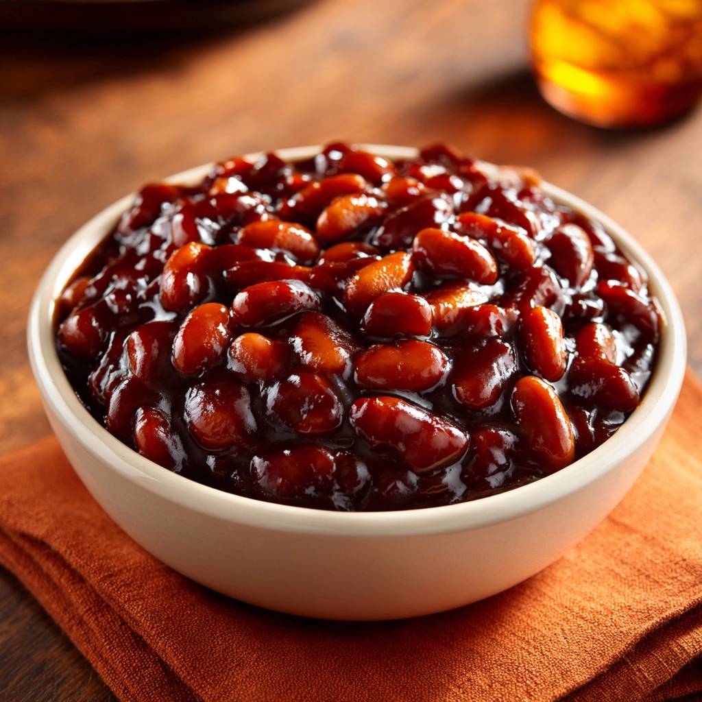 Sticky Southern Baked Beans shown in a close-up view within a rustic bowl, glistening with thick sauce.
