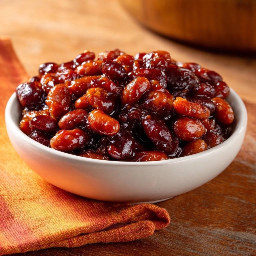 Sticky Southern Baked Beans presented in a white bowl, showcasing a glossy, rich glaze and bean texture.