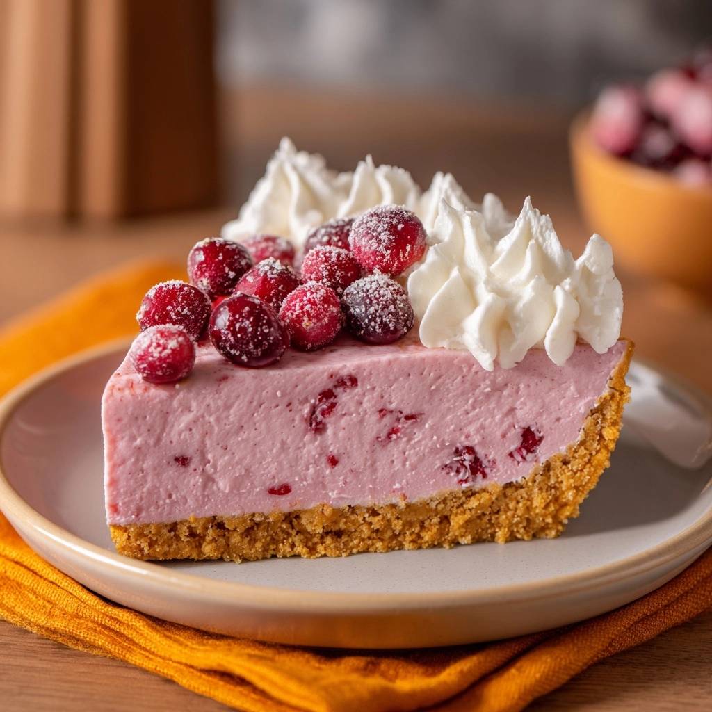 Sugared cranberry no-bake cheesecake served as a plated slice, topped with whipped cream and sugared cranberries.