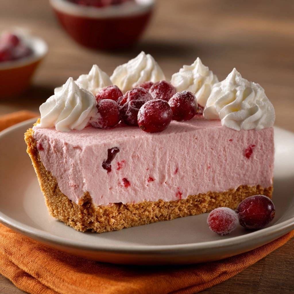 Sugared cranberry no-bake cheesecake slice plated on a white dish with whipped cream and cranberries on top.