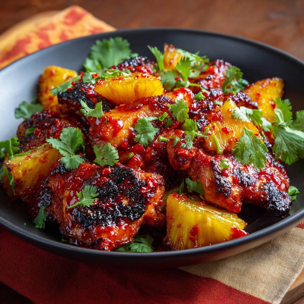 Sweet chili pineapple chicken features a close-up of charred pieces with a glossy, spicy glaze and fresh cilantro.