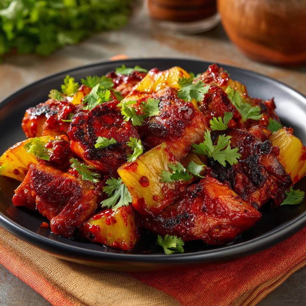 Sweet chili pineapple chicken close-up view, featuring charred pieces garnished with fresh cilantro.