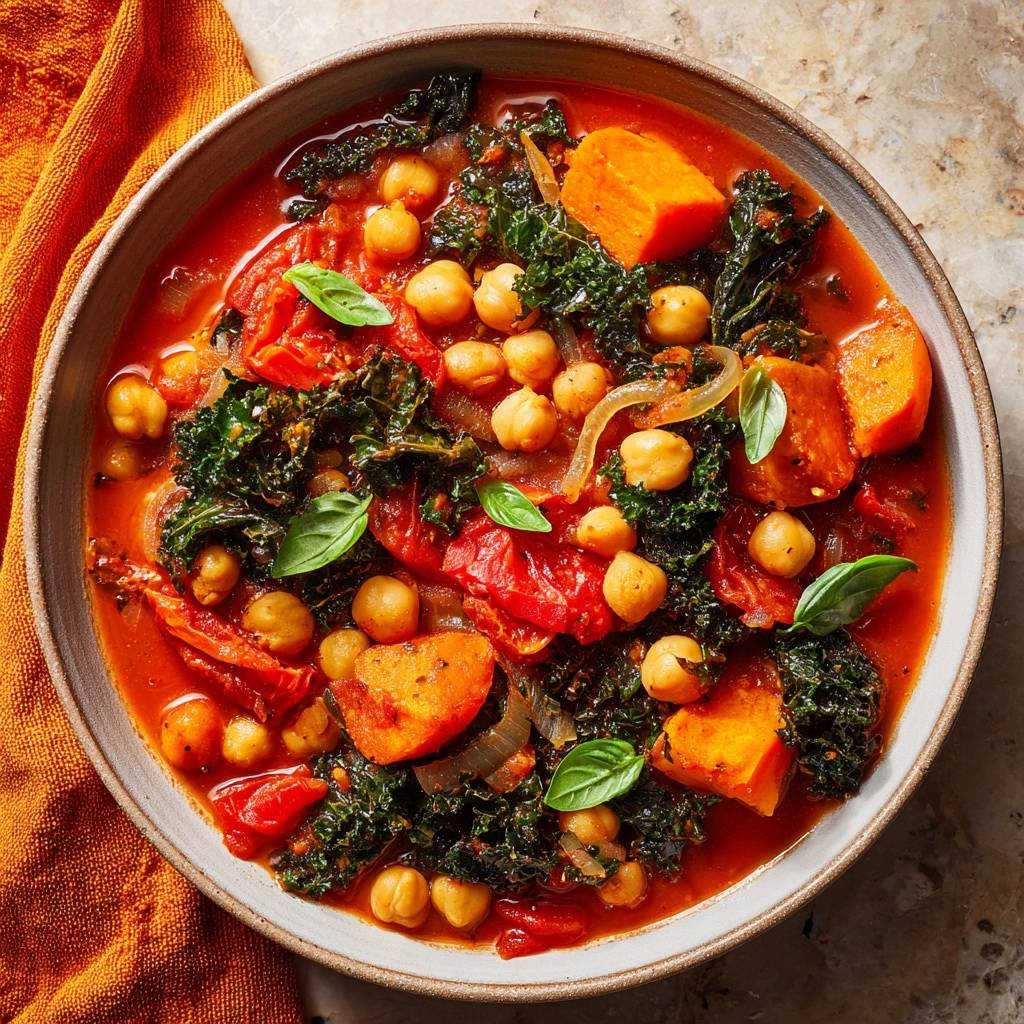 Sweet potato chickpea kale stew in a bowl, viewed from directly overhead, showcasing the vibrant ingredients.