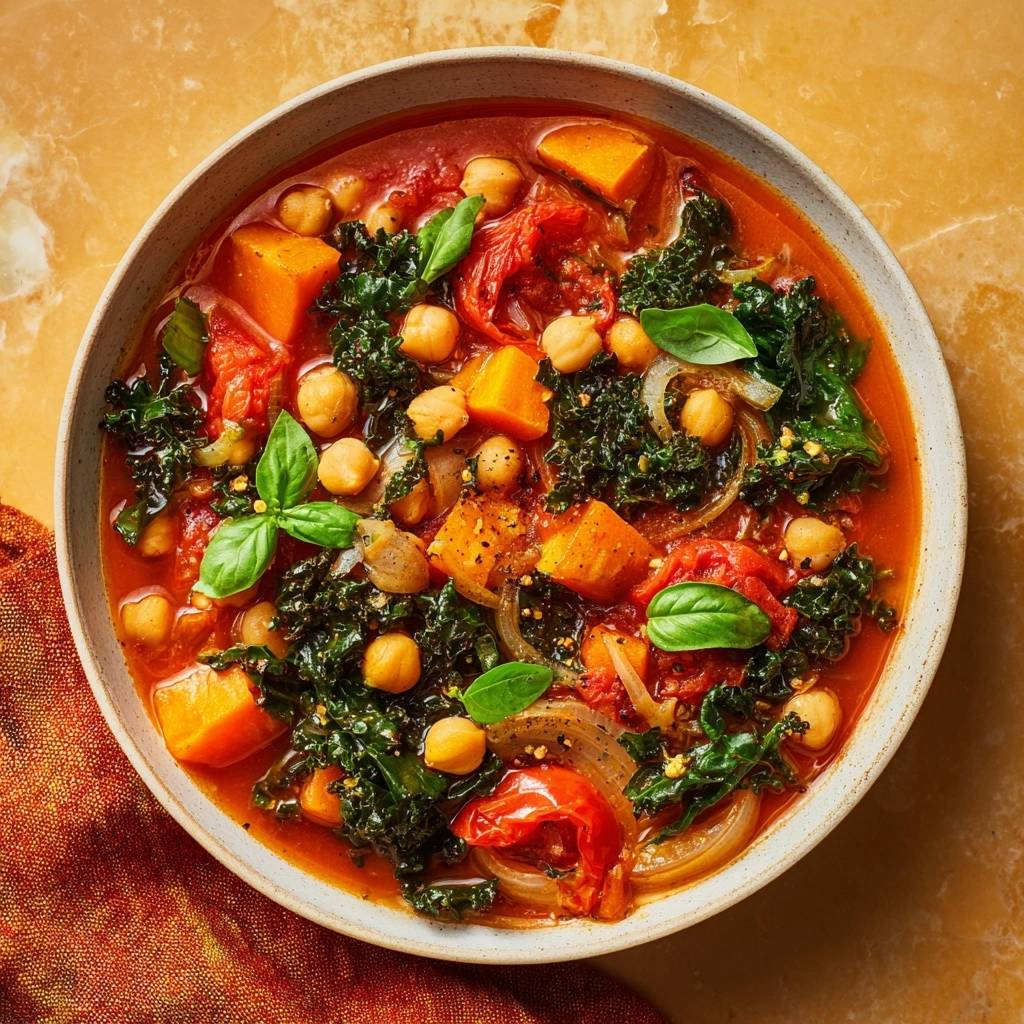 Sweet potato chickpea kale stew served in a rustic bowl, captured in a detailed overhead view.