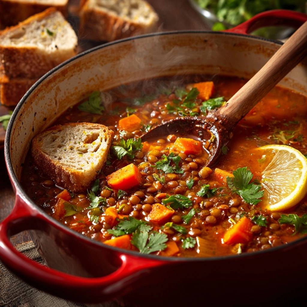 Sweet potato lentil soup steaming in a red dutch oven with crusty bread and a lemon slice garnish.