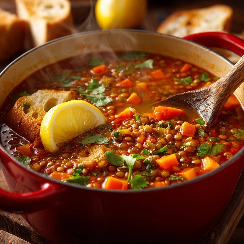 Sweet Potato Lentil Soup steaming in a red pot, garnished with fresh parsley and a lemon slice, served with crusty bread.