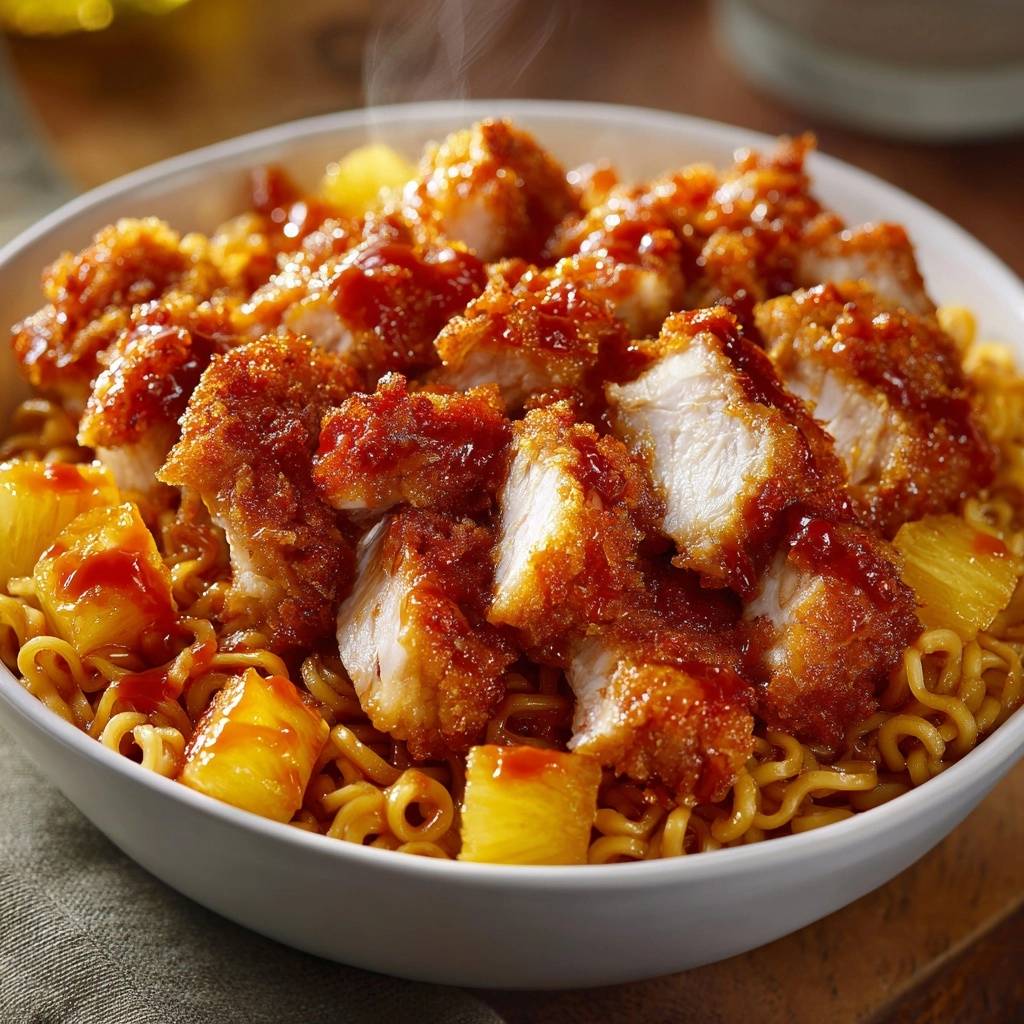 Sweet & Spicy Pineapple Fried Chicken Ramen served in a white bowl, showcasing the ramen noodles, chicken pieces, and pineapple chunks.