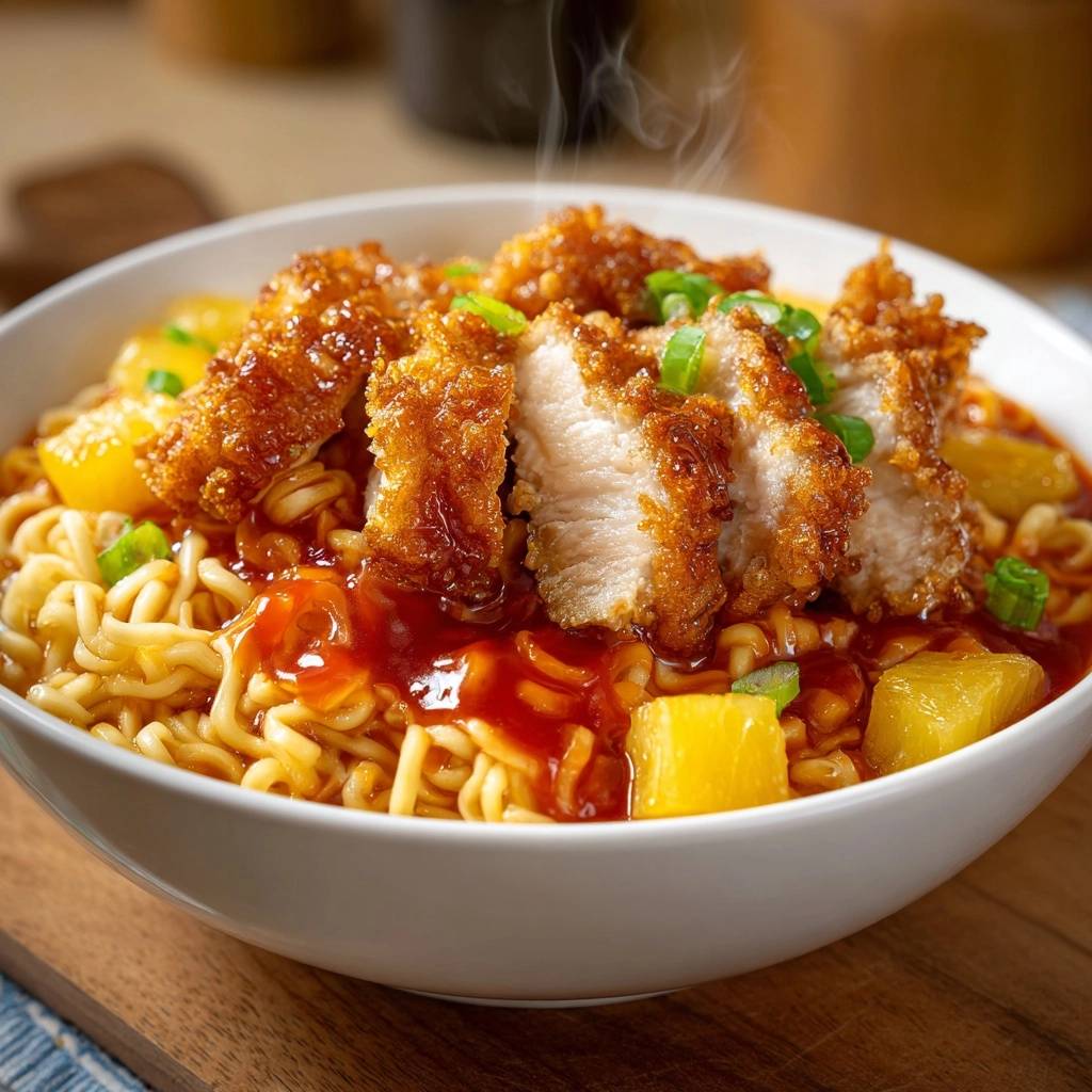 Sweet &amp; Spicy Pineapple Fried Chicken Ramen with steam rising from the hot broth and noodles.