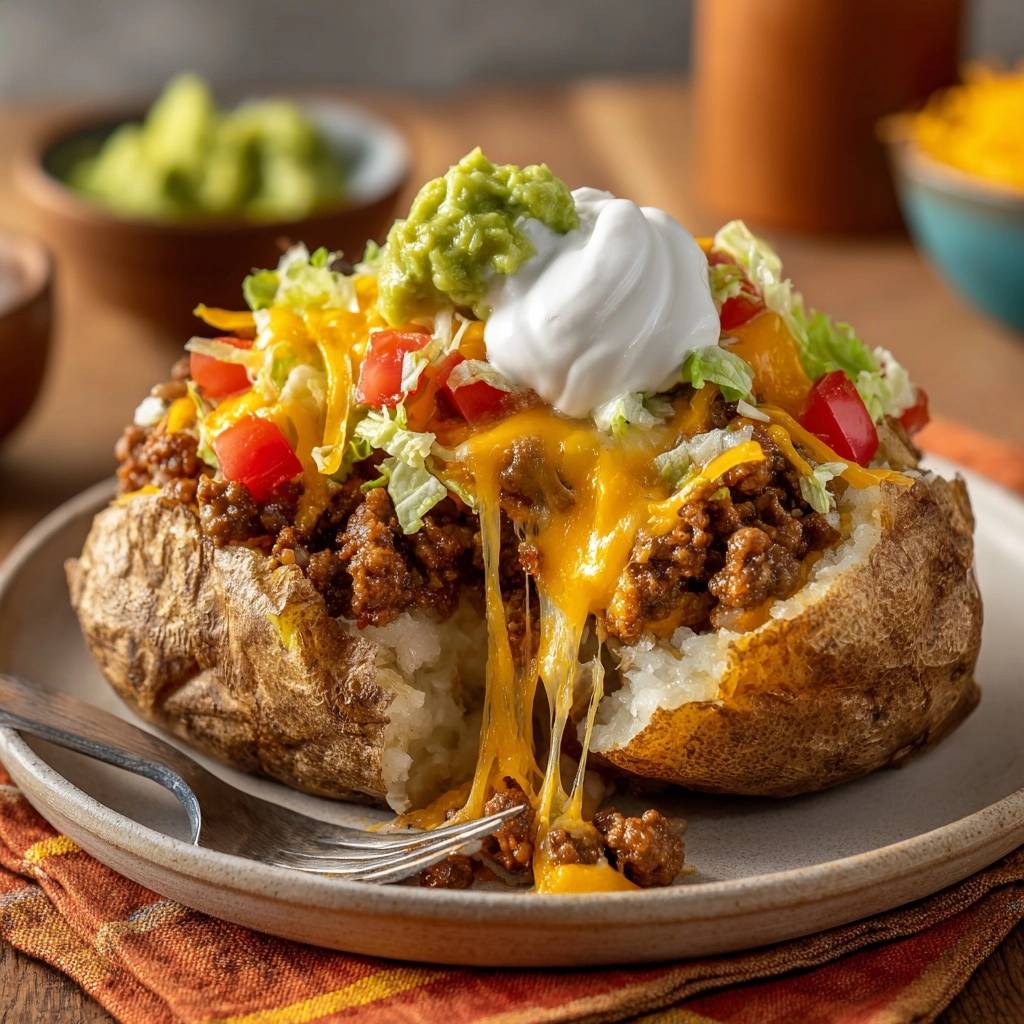 Taco loaded baked potatoes with a cheesy cross-section and toppings like sour cream and guacamole.