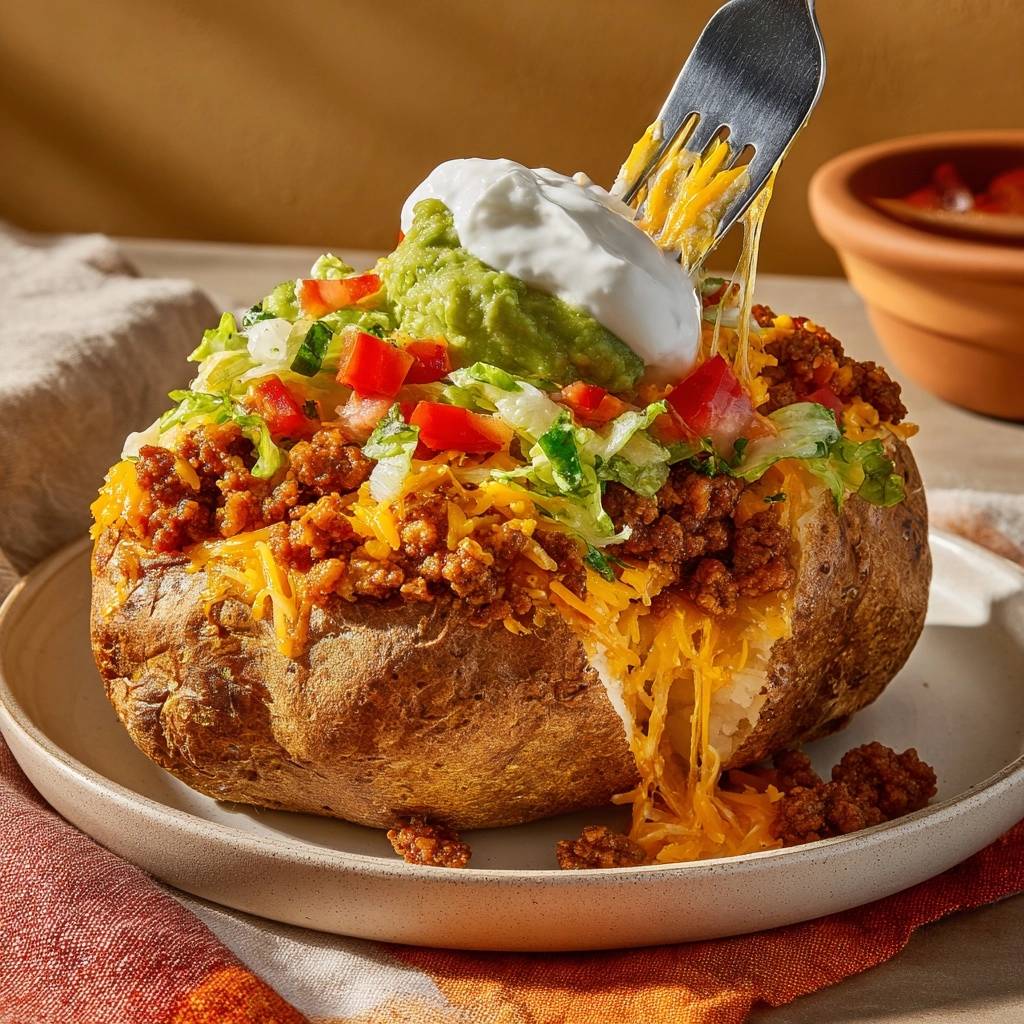 Taco loaded baked potatoes with a fork pulling gooey melted cheese and toppings.