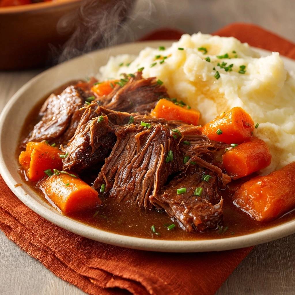 Tender shredded beef pot roast with carrots and mashed potatoes, served steaming on a plate with chives.