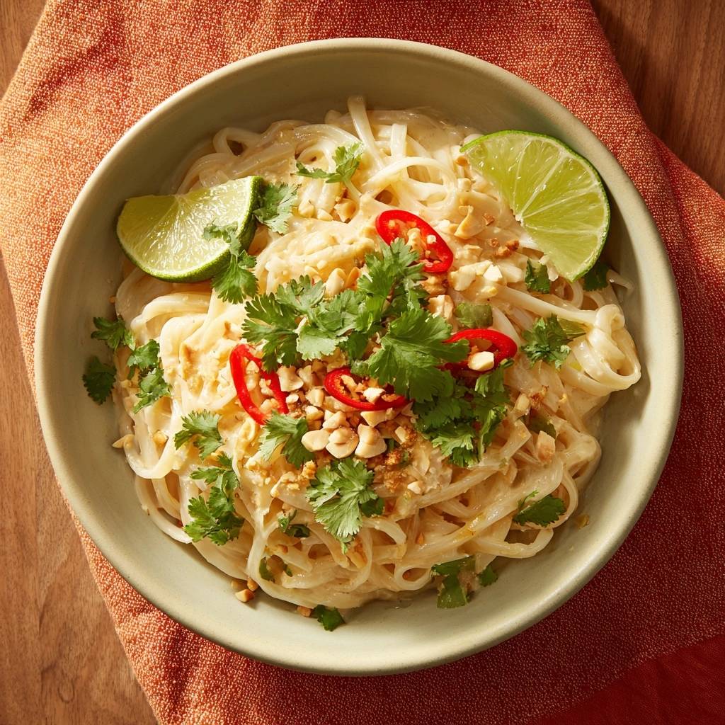 Thai peanut noodles in a bowl, generously garnished with fresh cilantro, chopped peanuts, and chili slices.
