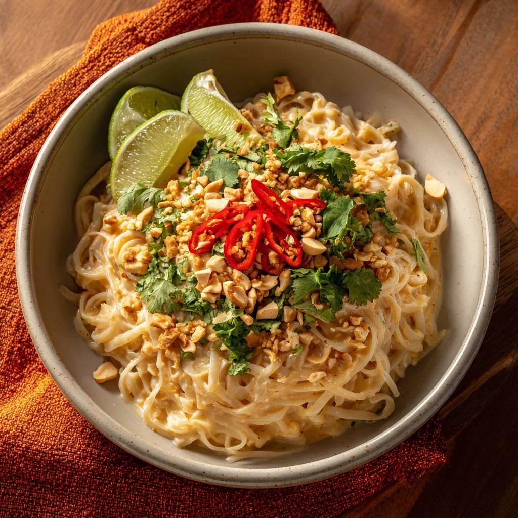 Thai peanut noodles in a bowl, garnished with cilantro, peanuts, chili, and lime wedges, shown in a close-up view.
