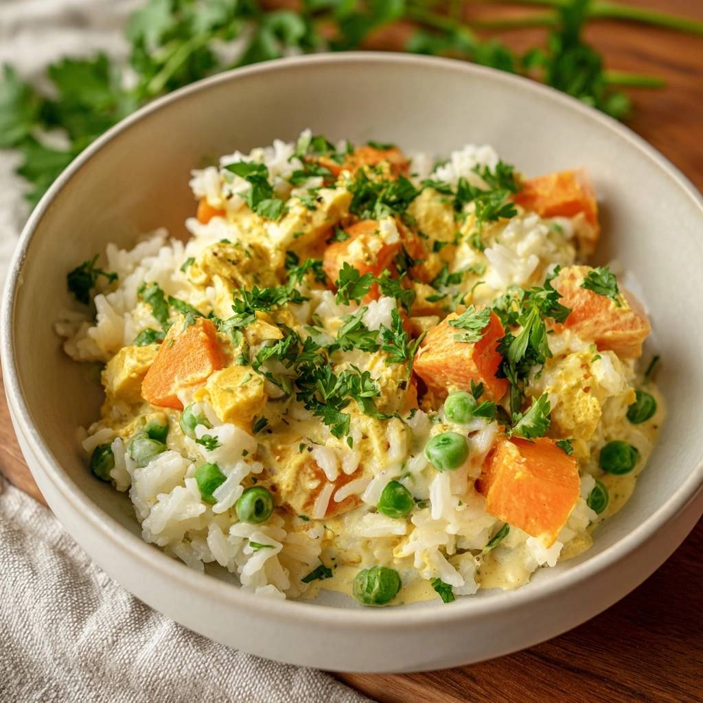 Tofu sweet potato curry rice bowl topped with fresh parsley, showing a close-up view of the creamy sauce and ingredients.