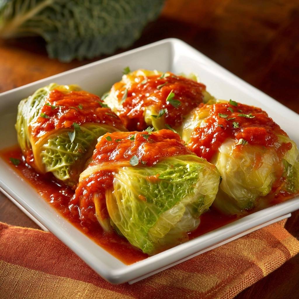 Tomato-braised stuffed cabbage rolls plated in a white dish, drizzled with sauce and garnished with parsley.