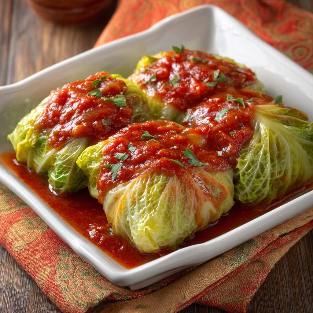 Tomato-braised stuffed cabbage rolls served in a white dish with a tomato sauce and parsley garnish.