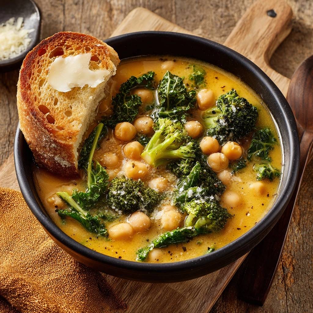 Turmeric chickpea soup with kale and broccoli served in a black bowl with a slice of buttered toast.