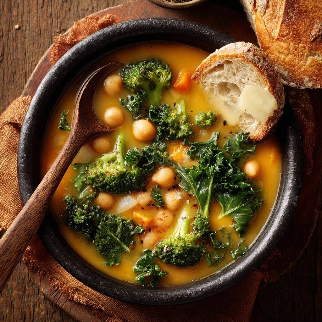 Turmeric chickpea soup with kale and broccoli served in a dark bowl with a wooden spoon and bread.