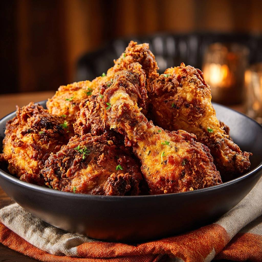 Ultra crispy fried chicken drumettes piled high in a dark bowl, showcasing their golden-brown, textured coating.