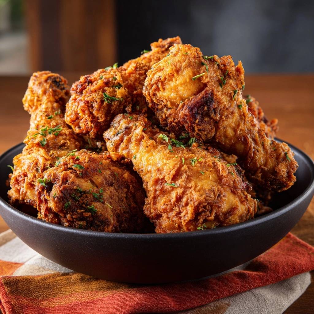 Ultra crispy fried chicken drumettes piled high in a black bowl, garnished with fresh parsley.