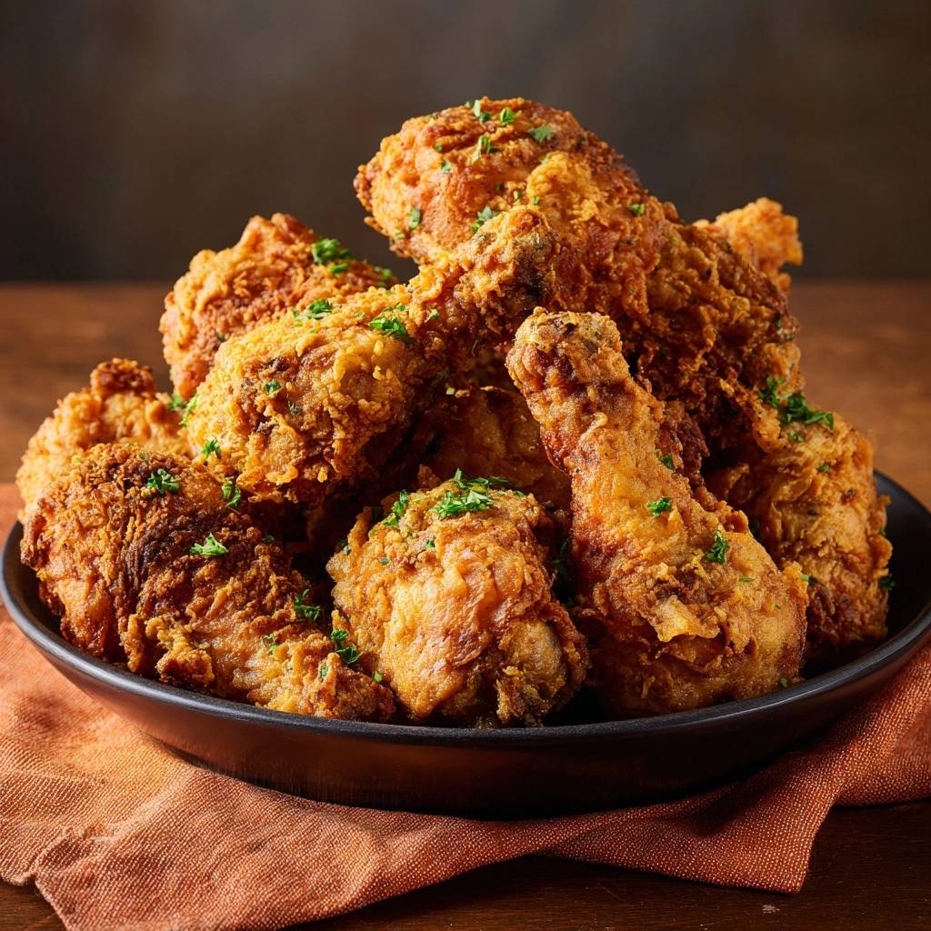 Ultra crispy fried chicken drumsticks piled high in a black bowl, garnished with chopped parsley.