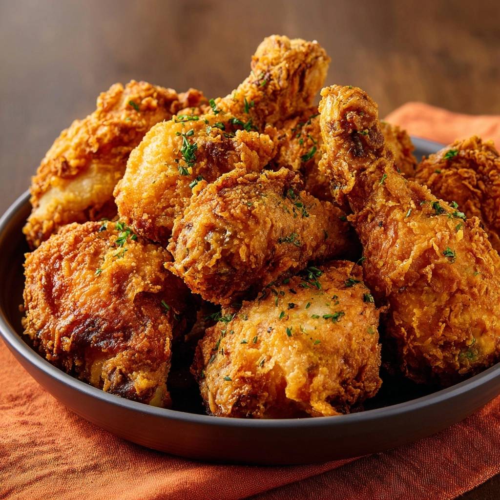 Ultra crispy fried chicken drumsticks piled high in a dark bowl, garnished with parsley.
