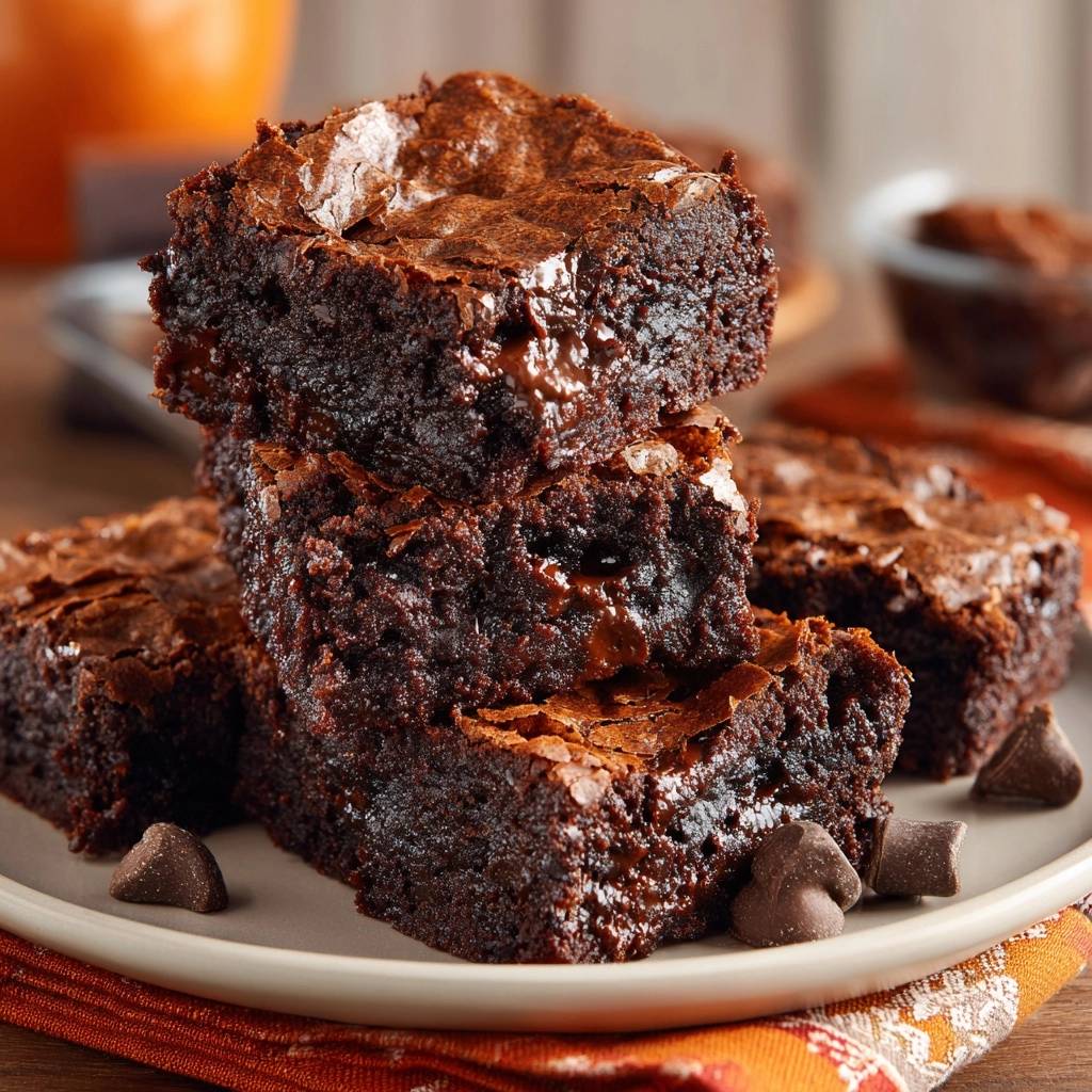 Ultra fudgy chocolate brownies stacked and showing a gooey interior with chocolate chips scattered around.