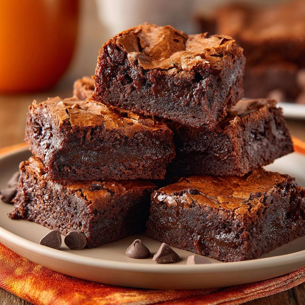Ultra fudgy chocolate brownies recipe stacked on a plate with chocolate chips, showing a close-up detail of their rich texture.