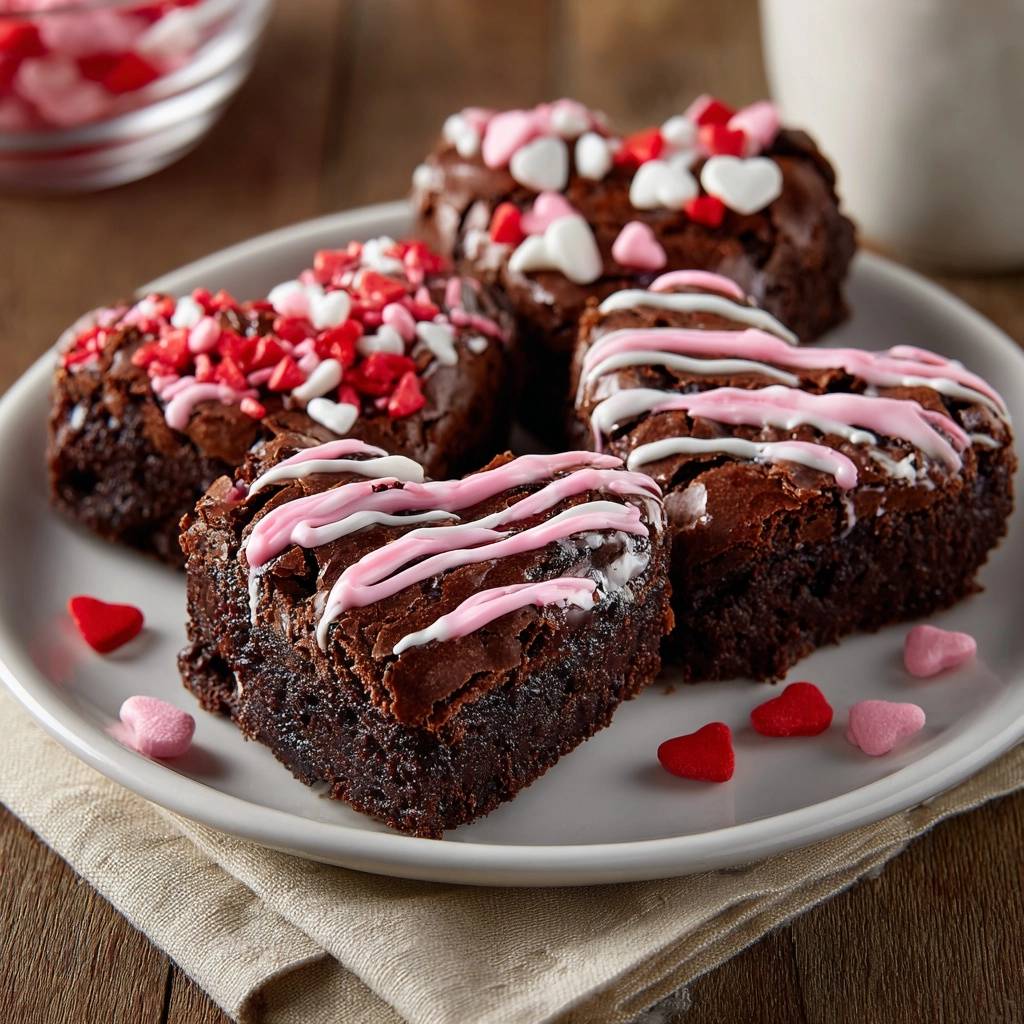 Valentine's Fudgy Heart Brownies Recipe shown on a white plate with festive heart sprinkles and drizzled icing.